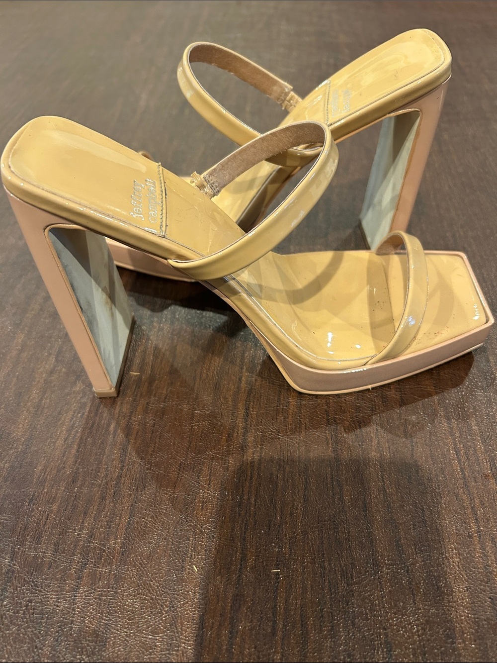 Jeffrey Campbell High Block Heel Nude Patent Slide Sandals
